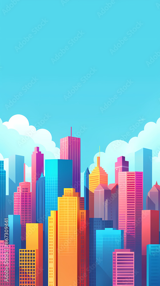 Colorful city skyline with tall buildings Colorful city skyline with tall buildings