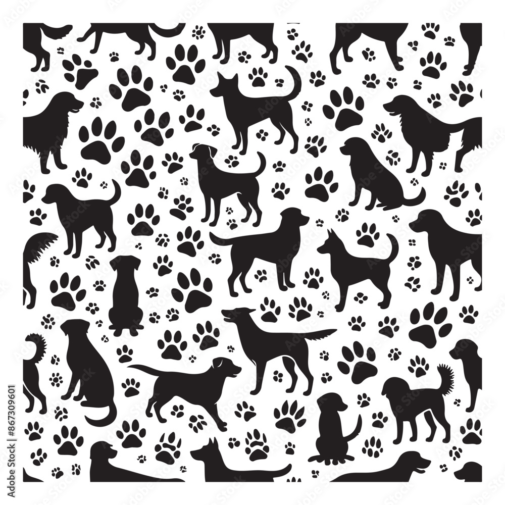 Black silhouettes of dog traces, seamless pattern Black silhouettes of dog traces, seamless pattern