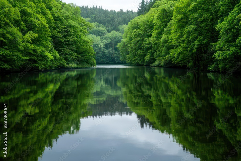 A serene fishing scene by a calm lake surrounded by lush trees A serene fishing scene by a calm lake surrounded by lush trees