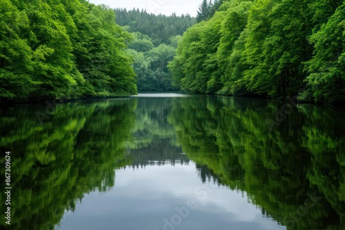 A serene fishing scene by a calm lake surrounded by lush trees