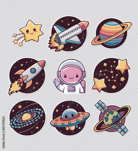 Space printable stickers clipart vector illustration set