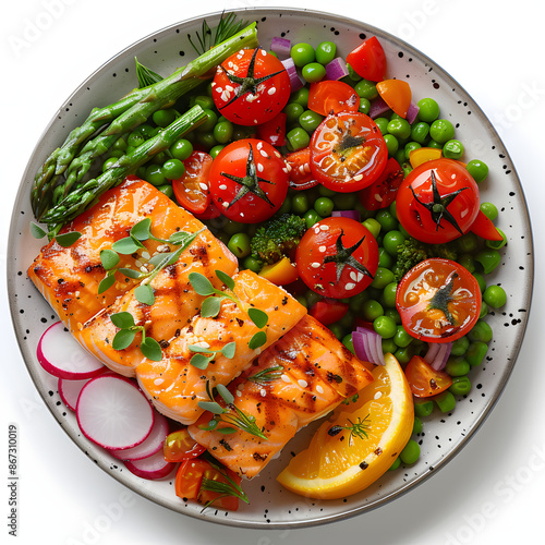 roasted salmon steak with asparagos broccoli carrot tomatoes radish green beans and peas. fish meal with fresh vegetable isolated on white background, png photo