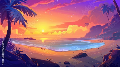Vibrant sunset over a tropical beach, an illustration. Concept about vacations, summer, travel, and nature