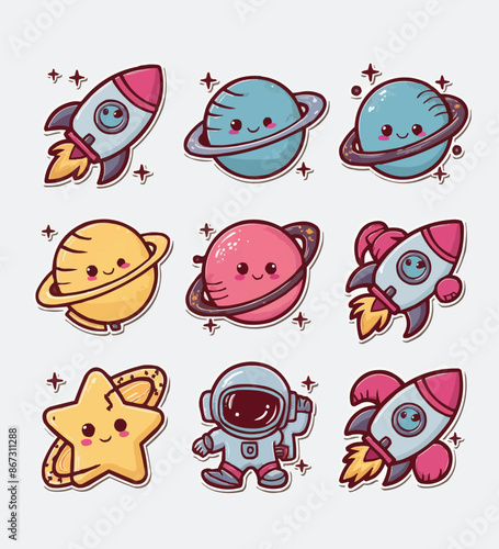 Space printable stickers clipart vector illustration set