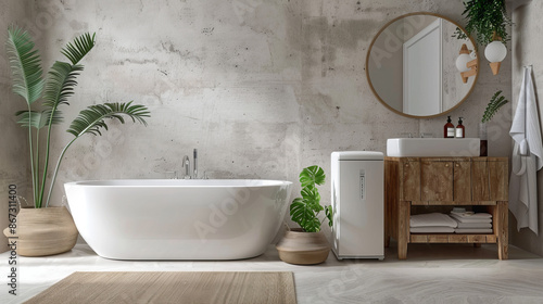 Modern bathroom featuring a soaking tub, vanity, and a mini fridge for storing beauty products.