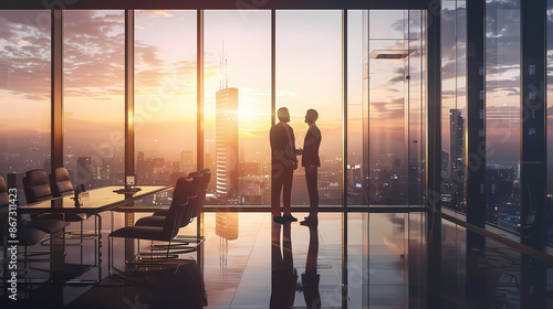 realistic photo , two people talking, collaboration, at the top of a building, in an office, with a table, chairs, face to face, shaking hands, in the middle of the afternoon