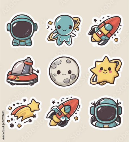 Space printable stickers clipart vector illustration set
