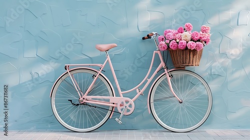 Bicycle with basket of flowers on blue wall background. 3D rendering