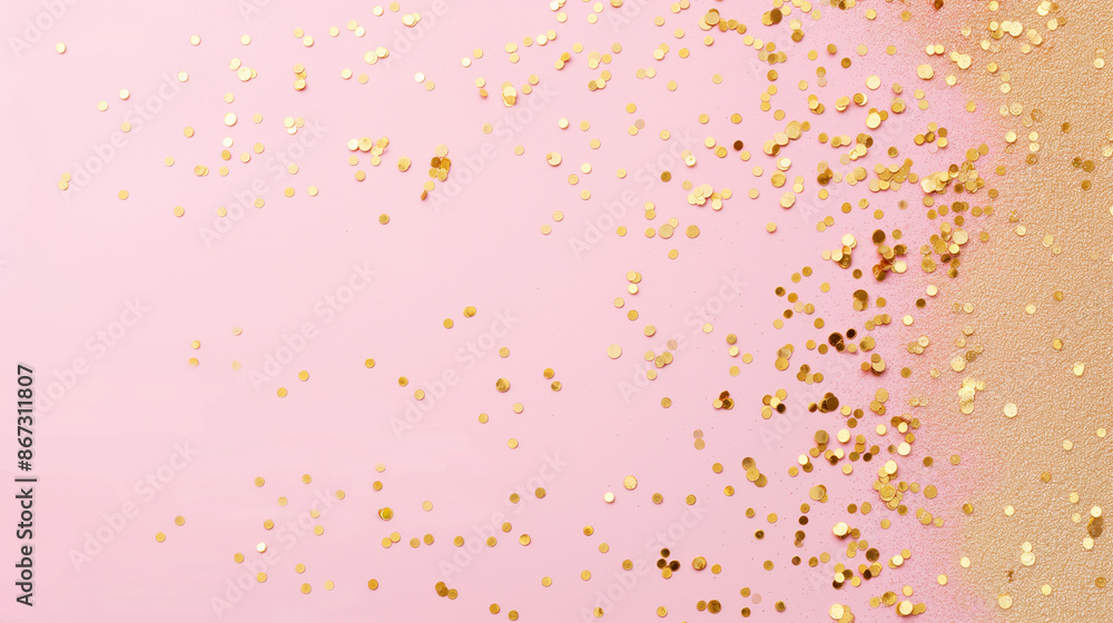 Fototapeta premium Golden glitter confetti on pink background. Generative AI 