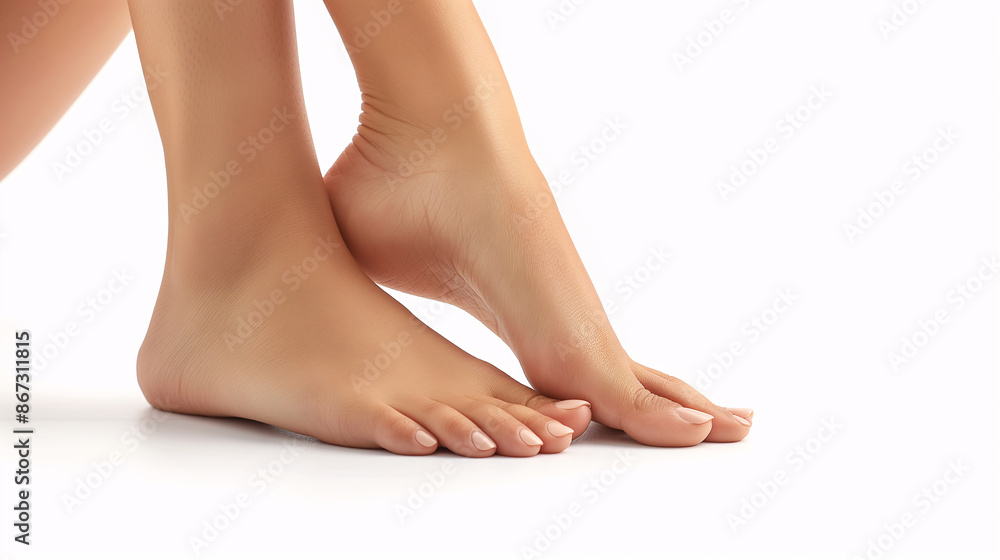 Close-up of elegant female feet with smooth skin, gracefully posed on a white background, highlighting beauty and care Close-up of elegant female feet with smooth skin, gracefully posed on a white background, highlighting beauty and care