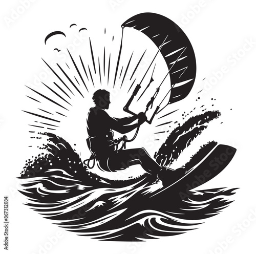 Kitesurfing Kite Surfing logo, silhouette vector on white background.