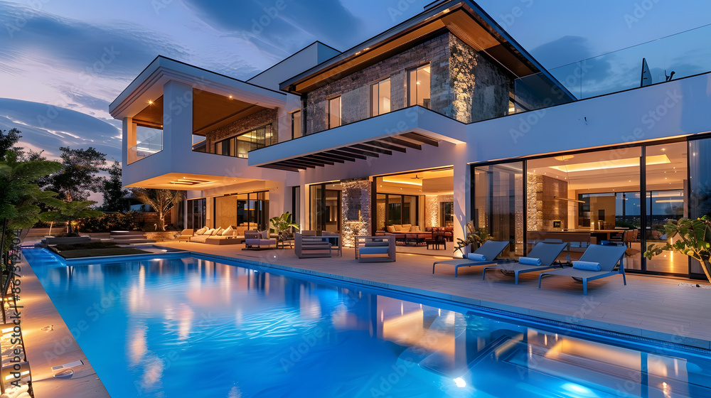 Luxury villa with large pool and outdoor seating area at twilight Luxury villa with large pool and outdoor seating area at twilight