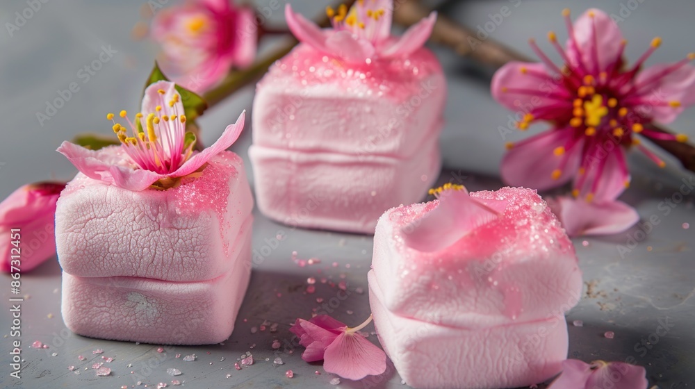 Delicate Pink Marshmallows Decorated with Cherry Blossoms Delicate Pink Marshmallows Decorated with Cherry Blossoms