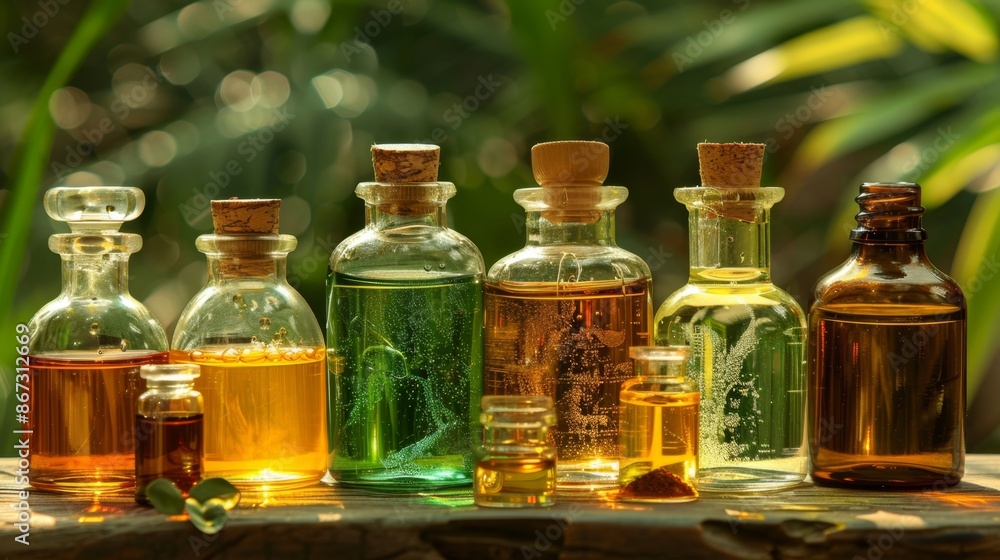 Assorted essential oils in glass bottles, vibrant and detailed, natural setting with plants, Assorted essential oils in glass bottles, vibrant and detailed, natural setting with plants,