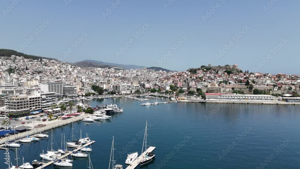 Aerial view of old town, castle and aqueduct in Kavala, Greece, Europe Aerial view of old town, castle and aqueduct in Kavala, Greece, Europe