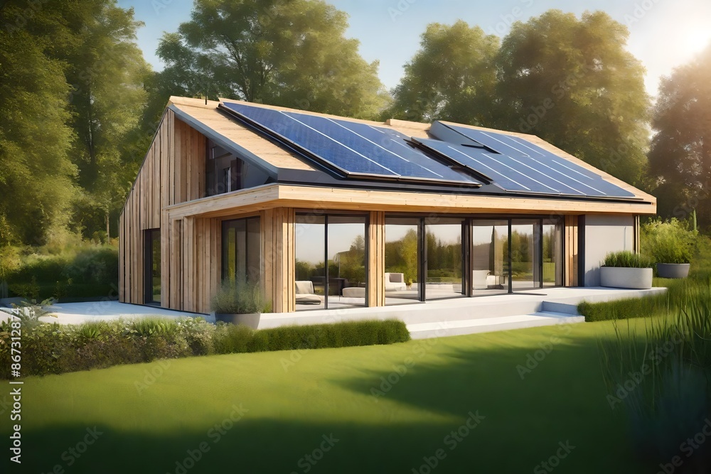 New modern eco friendly passive house with a photovoltaic system on the roof and landscaped yard. New modern eco friendly passive house with a photovoltaic system on the roof and landscaped yard.