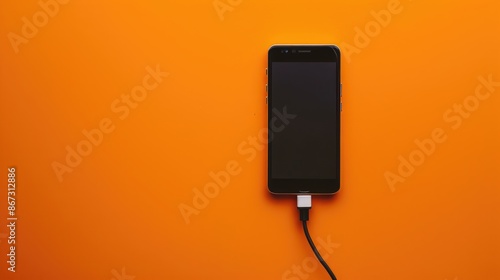 Smartphone Connected to Speedy Charger via USB on Orange Background from Above