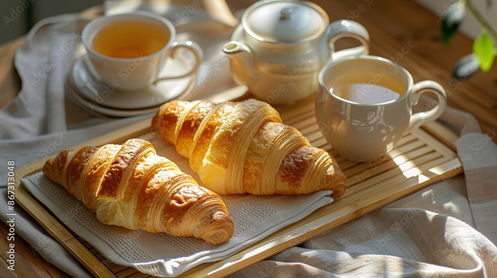 Breakfast with Croissants and Tea on a Sunny Morning Breakfast with Croissants and Tea on a Sunny Morning