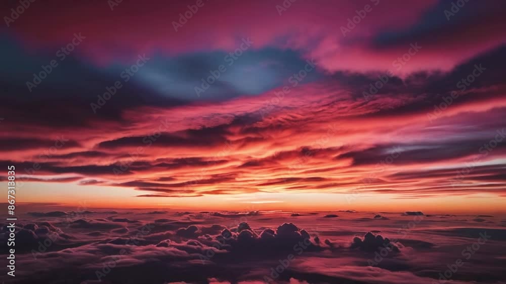 Aerial view over the clouds, vibrant sunset, shades of orange, pink, purple reflecting, dramatic sky Aerial view over the clouds, vibrant sunset, shades of orange, pink, purple reflecting, dramatic sky
