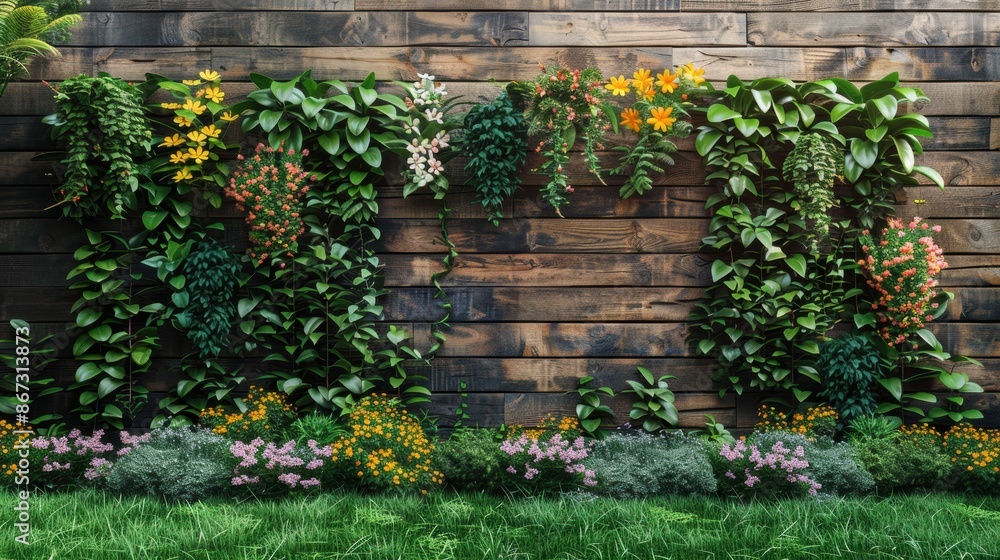 Green Wall Vertical Garden with Lush Plants, Flowers, Forest Tree, and Wooden Plank Wall on Green Grass Green Wall Vertical Garden with Lush Plants, Flowers, Forest Tree, and Wooden Plank Wall on Green Grass
