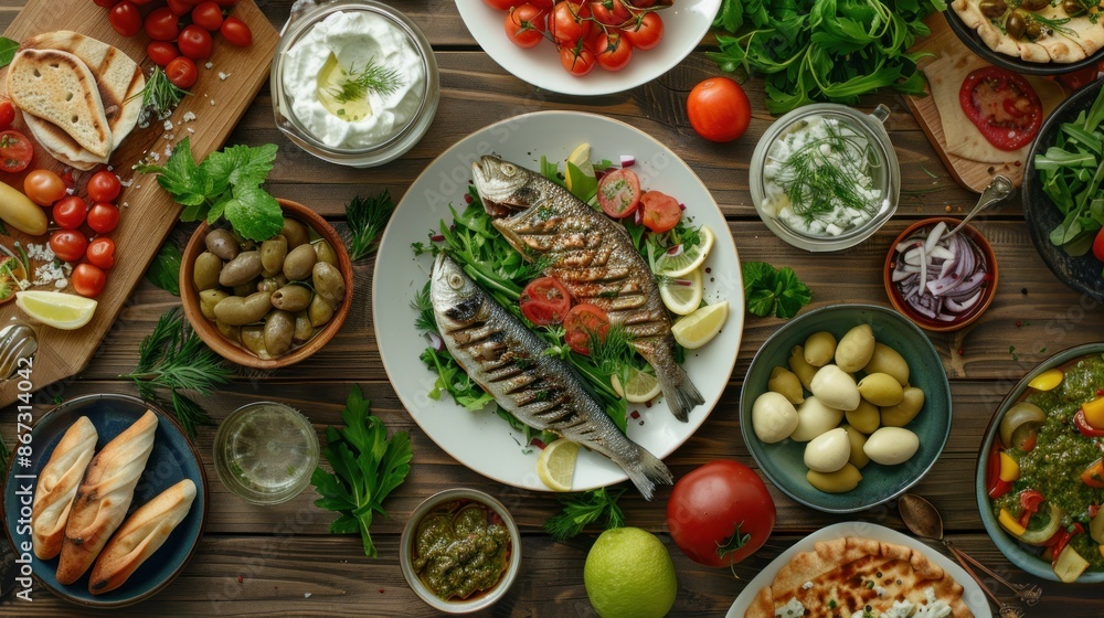 Collection of traditional dishes with a variety of delicious healthy and organic proteins background wallpaper AI generated image Collection of traditional dishes with a variety of delicious healthy and organic proteins background wallpaper AI generated image