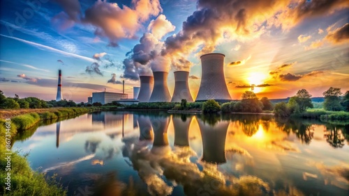 Majestic nuclear power plant stands alone, its industrial grandeur juxtaposed against serene sky and tranquil river scenery backdrop. photo