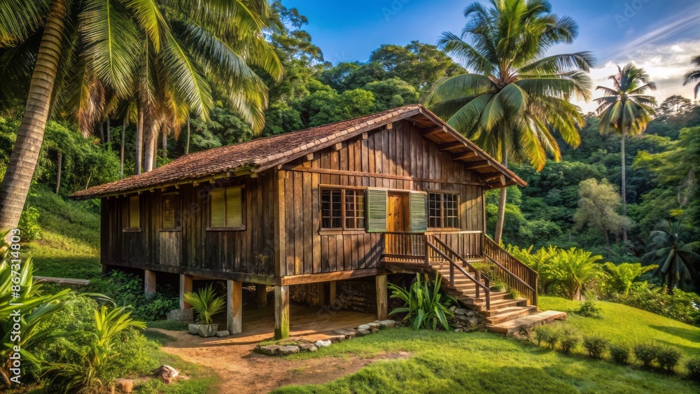Rustic wooden facade of rural dwelling surrounded by lush greenery in serene Sert?o landscape of Bahia, Brazil. Rustic wooden facade of rural dwelling surrounded by lush greenery in serene Sert?o landscape of Bahia, Brazil.