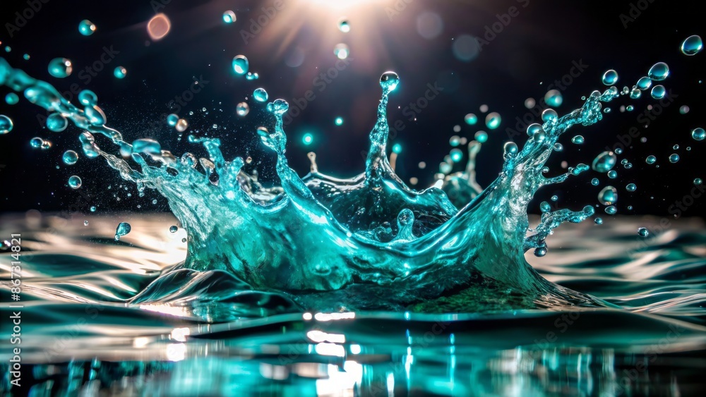 Vibrant turquoise water splash against black background with sunlight highlighting droplets and ripples forming an intricate abstract pattern. Vibrant turquoise water splash against black background with sunlight highlighting droplets and ripples forming an intricate abstract pattern.