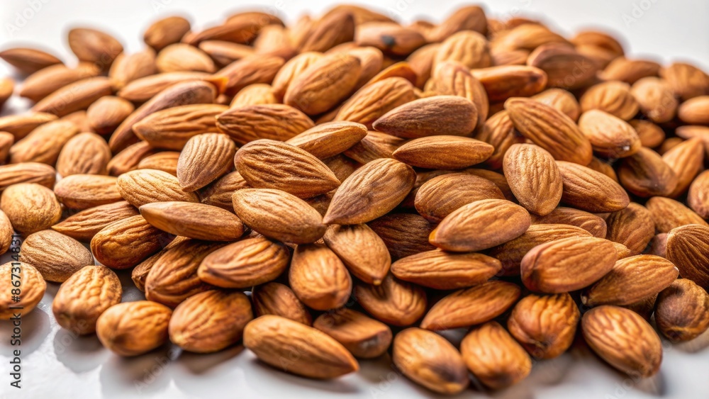 Delicious brown almonds scattered on a clean white surface, showcasing their natural texture and shape in a studio setting. Delicious brown almonds scattered on a clean white surface, showcasing their natural texture and shape in a studio setting.
