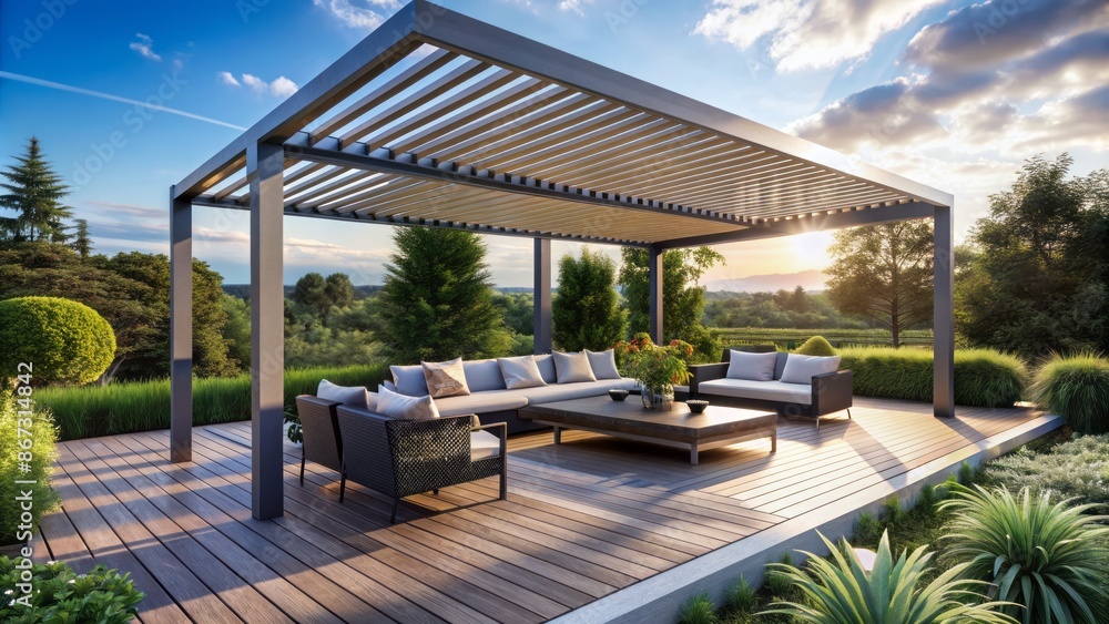 Sleek modern pergola stands proudly on a spacious outdoor terrace amidst lush greenery and sleek contemporary furniture under clear blue sky. Sleek modern pergola stands proudly on a spacious outdoor terrace amidst lush greenery and sleek contemporary furniture under clear blue sky.