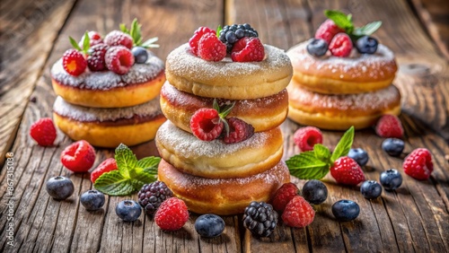 Wallpaper Mural Colorful arrangement of assorted donuts topped with fresh berries and sugar, perfectly stacked on a rustic wooden background surface. Torontodigital.ca