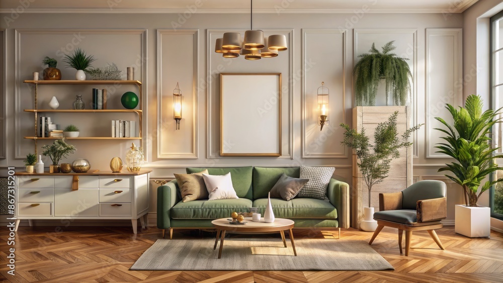 Fototapeta premium Warm and inviting home interior with empty frame on wall, decorated with stylish furniture and ornaments in 3d rendering.