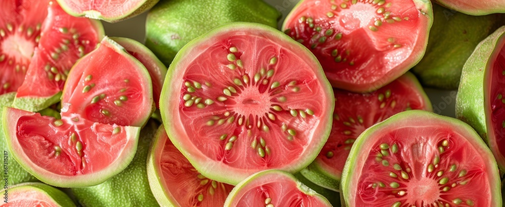 banner Close-up of guava slices with health benefit tags, banner Close-up of guava slices with health benefit tags,