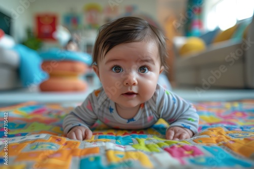 Hispanic baby crawling on a colorful play mat, active and curious