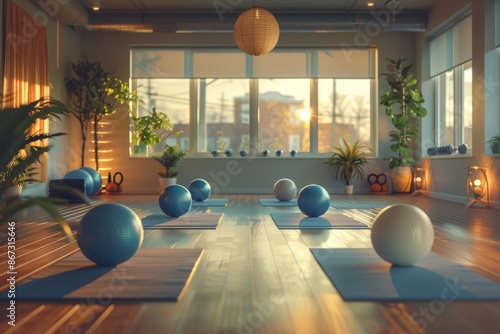 yoga studio during a calm evening session, with yoga balls and weights neatly placed on the floor photo