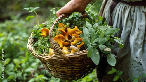 Close up of a hand holding a basket filled with freshly picked wild herbs and mushrooms.