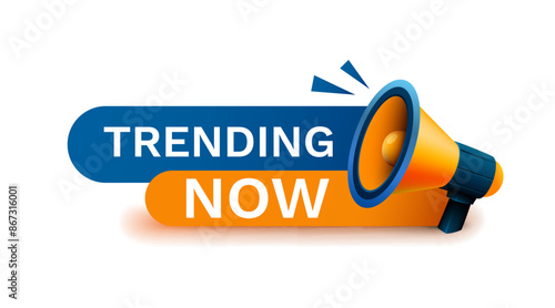 Trending now message, megaphone announces news, banner service. Vector illustration