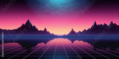 Retro Futuristic Landscape with Shooting Stars