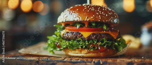 Macro view of a burger with fresh lettuce, tomato, cheese, Generative AIcreated, vibrant and inviting, fast food setting, soft lighting, shallow depth of field photo
