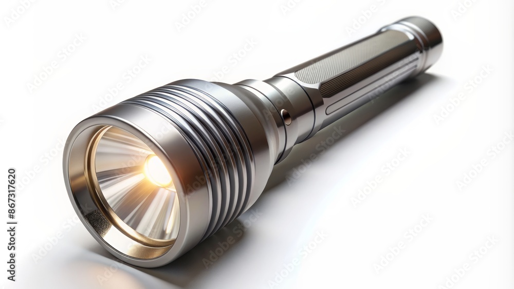 A sleek, modern flashlight with glowing bulb shines bright on a pure white background, symbolizing innovation and cutting-edge creativity. A sleek, modern flashlight with glowing bulb shines bright on a pure white background, symbolizing innovation and cutting-edge creativity.