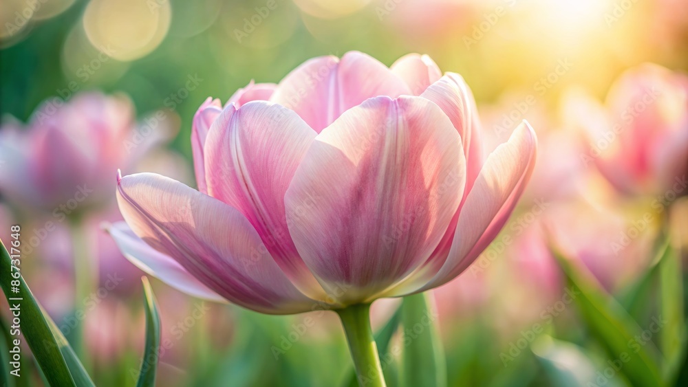 Delicate petals of a pastel pink tulip unfold in a romantic close-up, set against a soft, blurred nature background. Delicate petals of a pastel pink tulip unfold in a romantic close-up, set against a soft, blurred nature background.