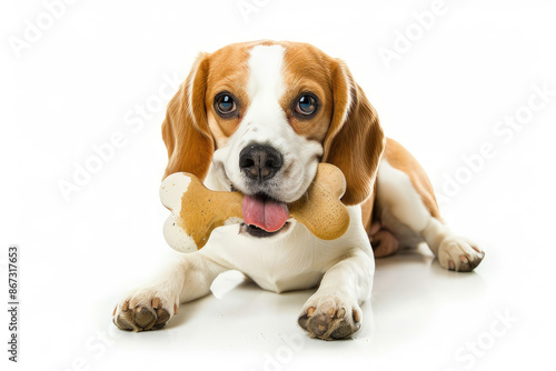 beagle dog playing with a toy bone on white background