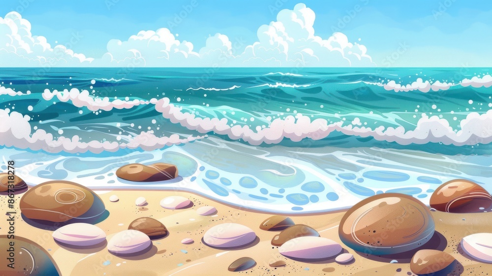 Obraz premium Scenic Beach Landscape with Waves and Rocks. Cartoon Illustration of Ocean Shore, Ideal for Summer, Vacation, and Nature Themes
