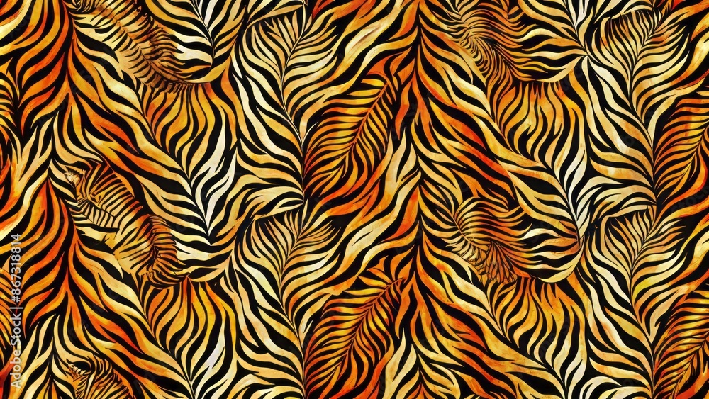Vibrant striped pattern blending tiger skin and zebra print elements in abstract modern hand-drawn design for nature-inspired seamless backgrounds. Vibrant striped pattern blending tiger skin and zebra print elements in abstract modern hand-drawn design for nature-inspired seamless backgrounds.