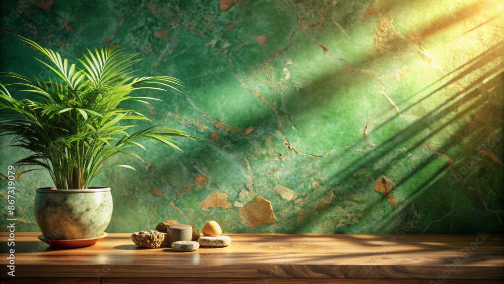 Warm sunlit scene featuring earthy natural stone and retro green textured background with creative copy space and subtle light shadows. Warm sunlit scene featuring earthy natural stone and retro green textured background with creative copy space and subtle light shadows.