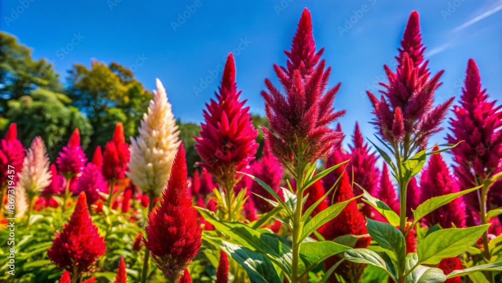 Vibrant pink and red cockscomb flowers, with feathery plumes, bloom in a lush green garden under a clear blue sunny sky. Vibrant pink and red cockscomb flowers, with feathery plumes, bloom in a lush green garden under a clear blue sunny sky.