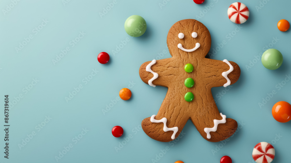 A festive gingerbread man adorned with icing and colorful candy details watercolour illustration A festive gingerbread man adorned with icing and colorful candy details watercolour illustration