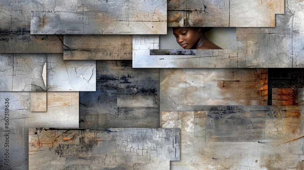 A womans face is partially visible through a window in a wall made of gray and brown rectangular panels A womans face is partially visible through a window in a wall made of gray and brown rectangular panels