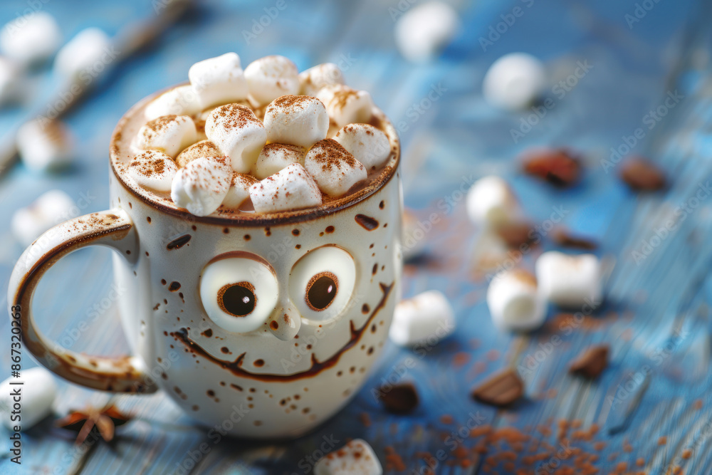 Cocoa drink with marshmallows in a smiling mug on a wooden table. Children's party. Cocoa drink with marshmallows in a smiling mug on a wooden table. Children's party.