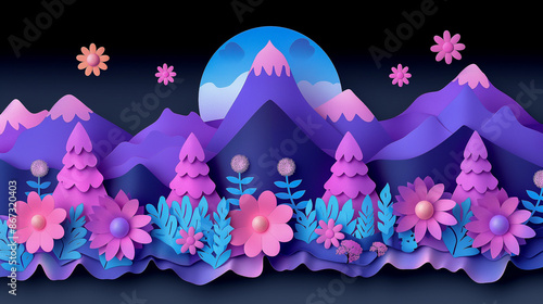 A vibrant paper-cut landscape with purple mountains, pink trees, and blue foliage under a full moon image.